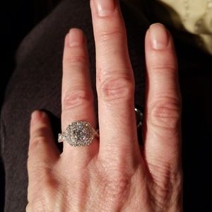 Silver engagement and wedding band with diamond li